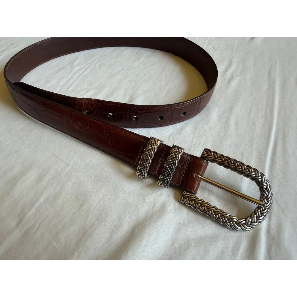 Brighton Brown Crocodile Embossed Leather Western Belt Silver Braided Buckle 32